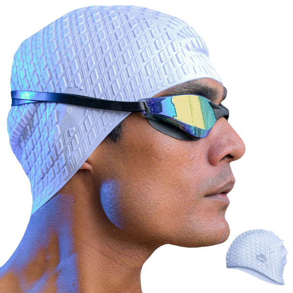 Swimming Cap for Men – Silicone, Anti‑Skid, Tear‑Resistant, Free Size (Blue Embossed)