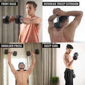 Four different exercises using Slovic dumbbells performed by a man in various poses.