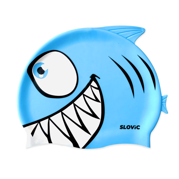 A blue silicone swimming cap with a cartoon shark design on it, made by Slovic.