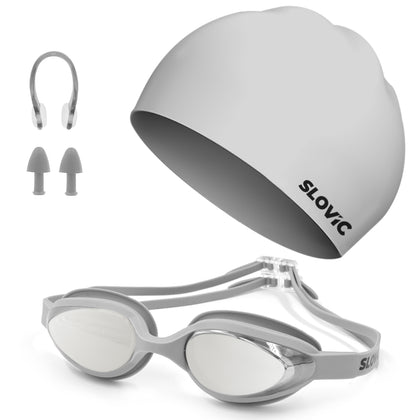Swimming Combo – Goggles & Pattern Silicone Cap, Anti‑Fog, UV Protection (Grey)