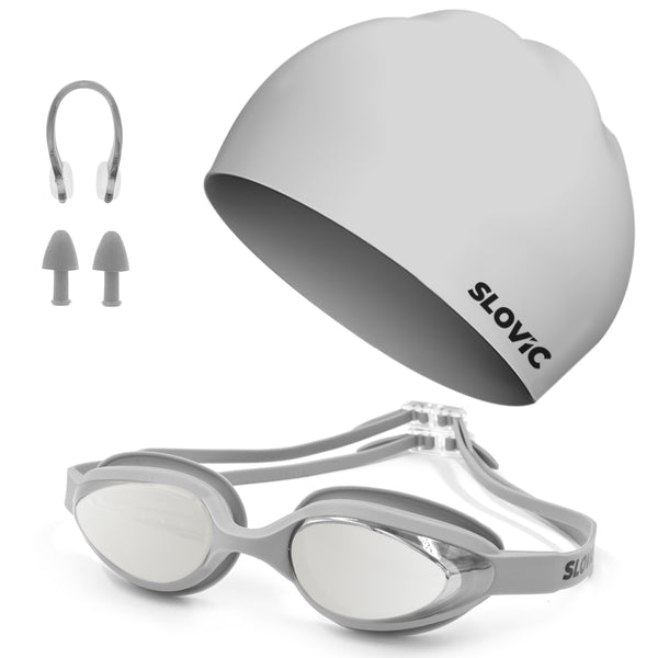 Swimming Combo – Goggles & Pattern Silicone Cap, Anti‑Fog, UV Protection (Grey)