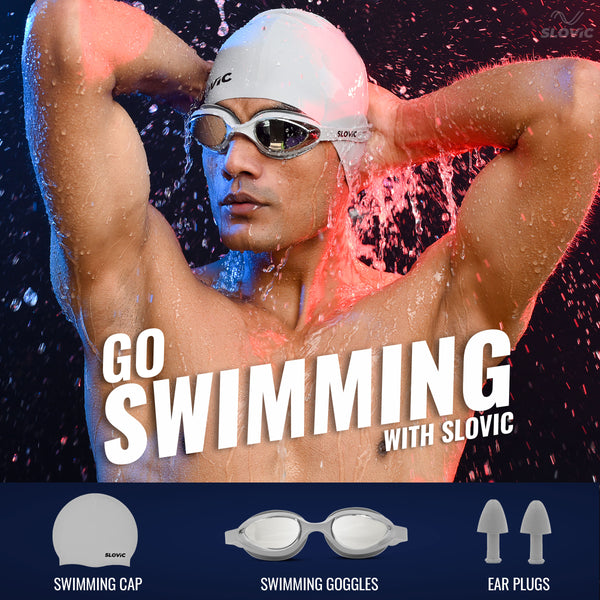 Swimming Combo – Goggles & Pattern Silicone Cap, Anti‑Fog, UV Protection (Grey)