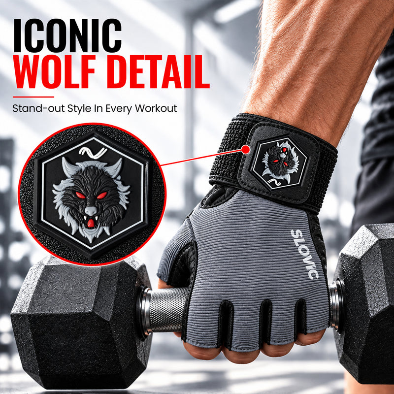 Leather Gym Gloves for Men & Women - Grey with Patch - Weight Training & Workout