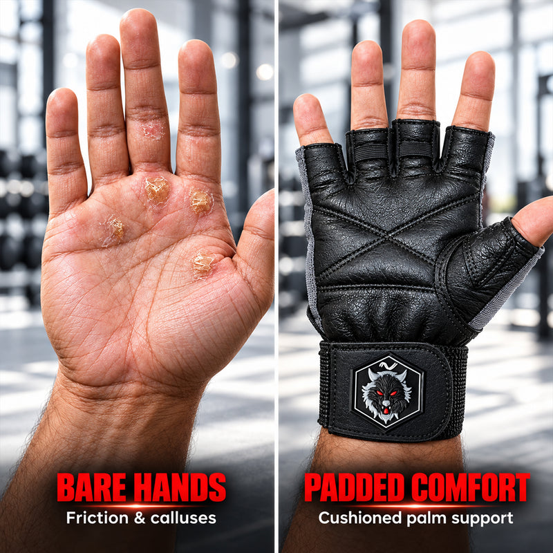 Leather Gym Gloves for Men & Women - Grey with Patch - Weight Training & Workout
