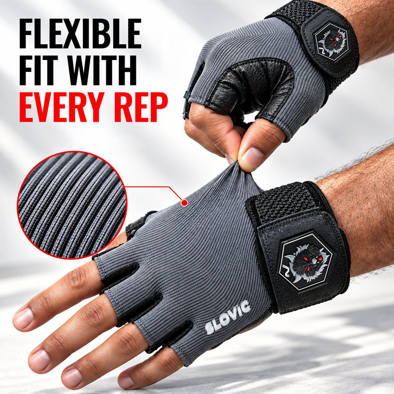 Leather Gym Gloves for Men & Women - Grey with Patch - Weight Training & Workout