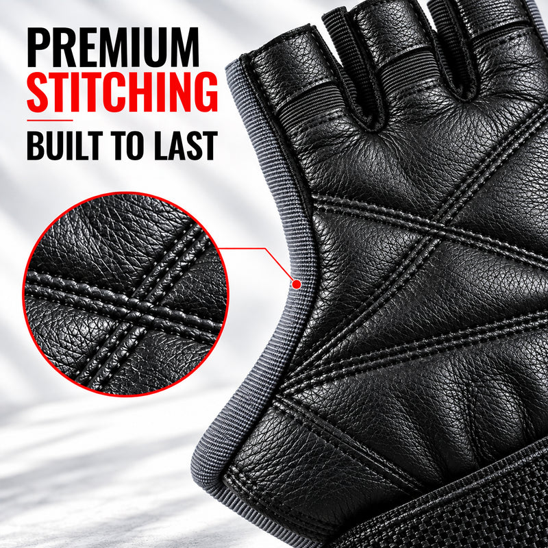 Leather Gym Gloves for Men & Women - Grey with Patch - Weight Training & Workout