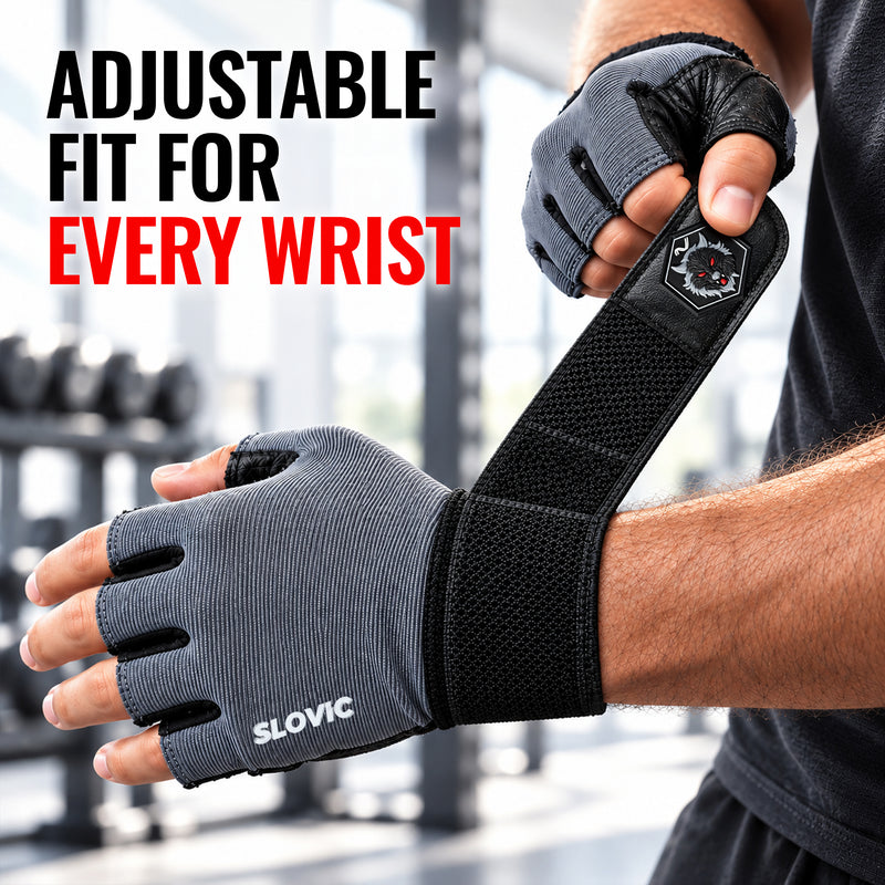 Leather Gym Gloves for Men & Women - Grey with Patch - Weight Training & Workout