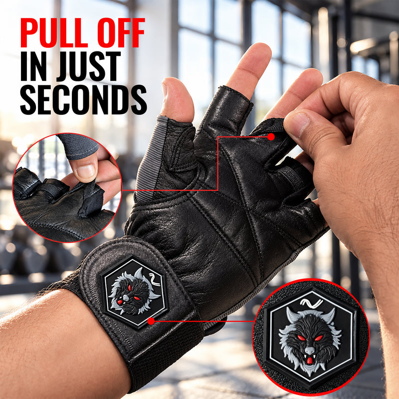 Leather Gym Gloves for Men & Women - Grey with Patch - Weight Training & Workout