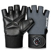 Leather Gym Gloves for Men & Women - Grey with Patch - Weight Training & Workout