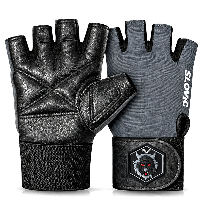 Leather Gym Gloves for Men & Women - Grey with Patch - Weight Training & Workout