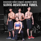 Group of people using Slovic resistance tubes with promotional text for Slovic resistance tubes in a gym setting.