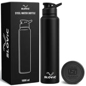 Black steel water bottle with SLOVIC branding next to its packaging on a white background