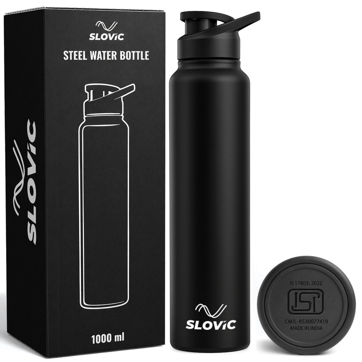 Black steel water bottle with SLOVIC branding next to its packaging on a white background