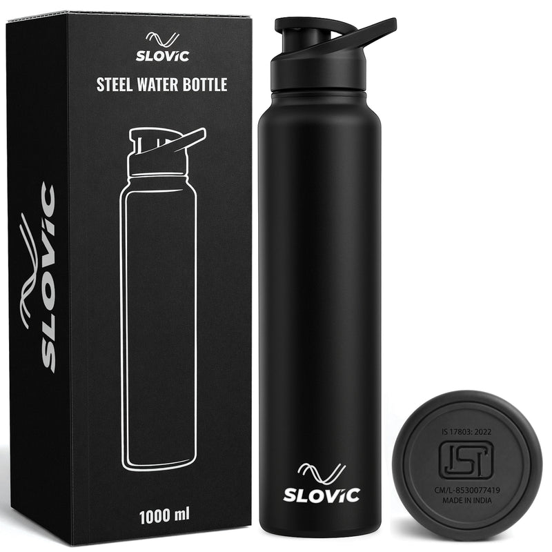 Black steel water bottle with SLOVIC branding next to its packaging on a white background