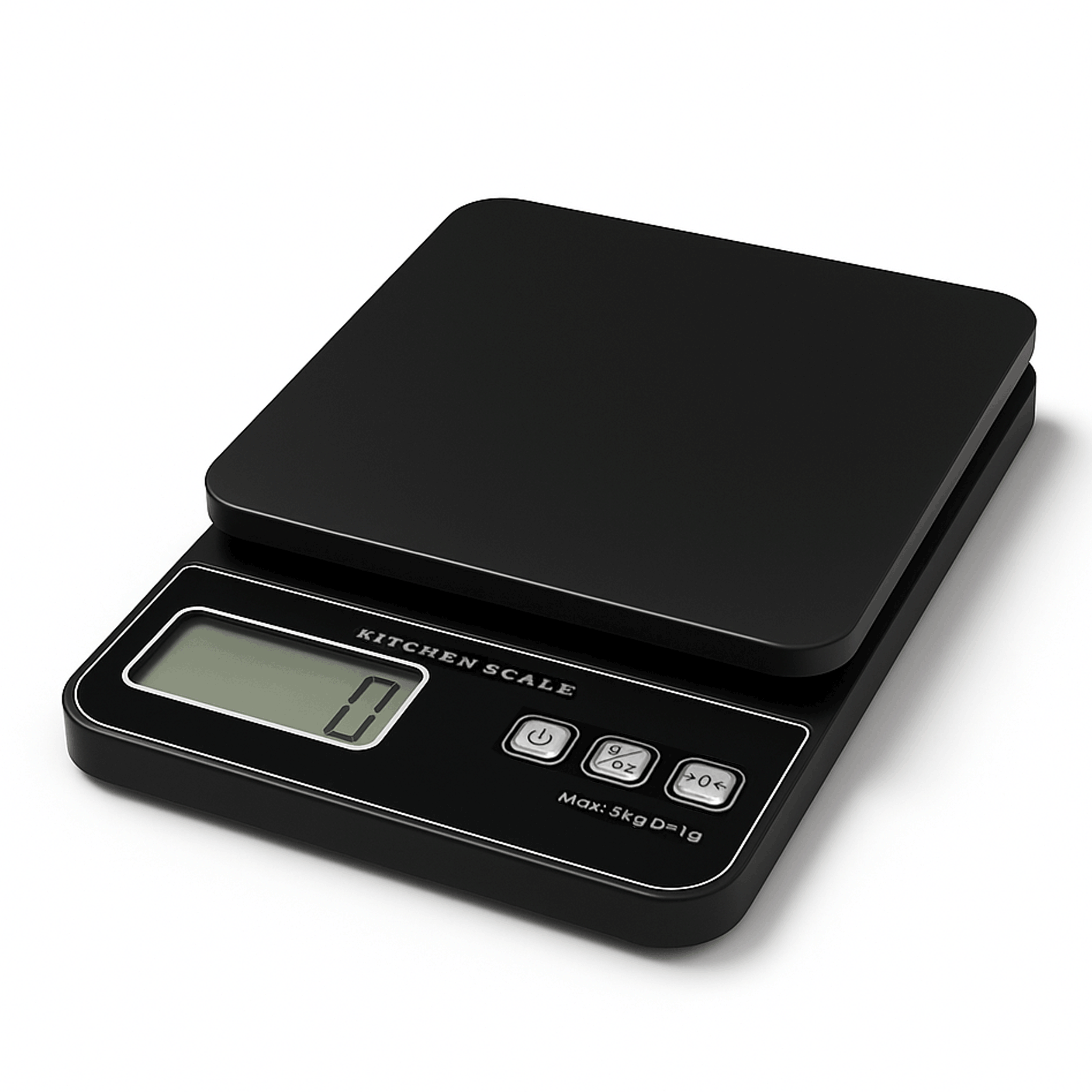 Black digital kitchen scale on a white background