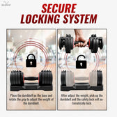 Illustration of a secure locking system for Slovic  adjustable dumbbells with text instructions.