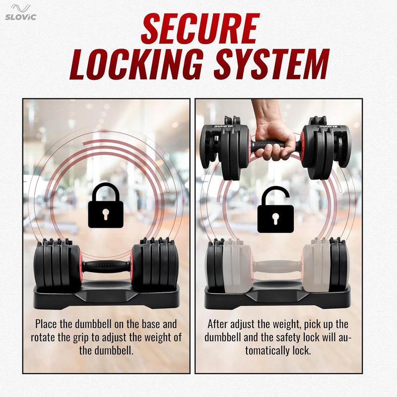 Illustration of a secure locking system for Slovic  adjustable dumbbells with text instructions.
