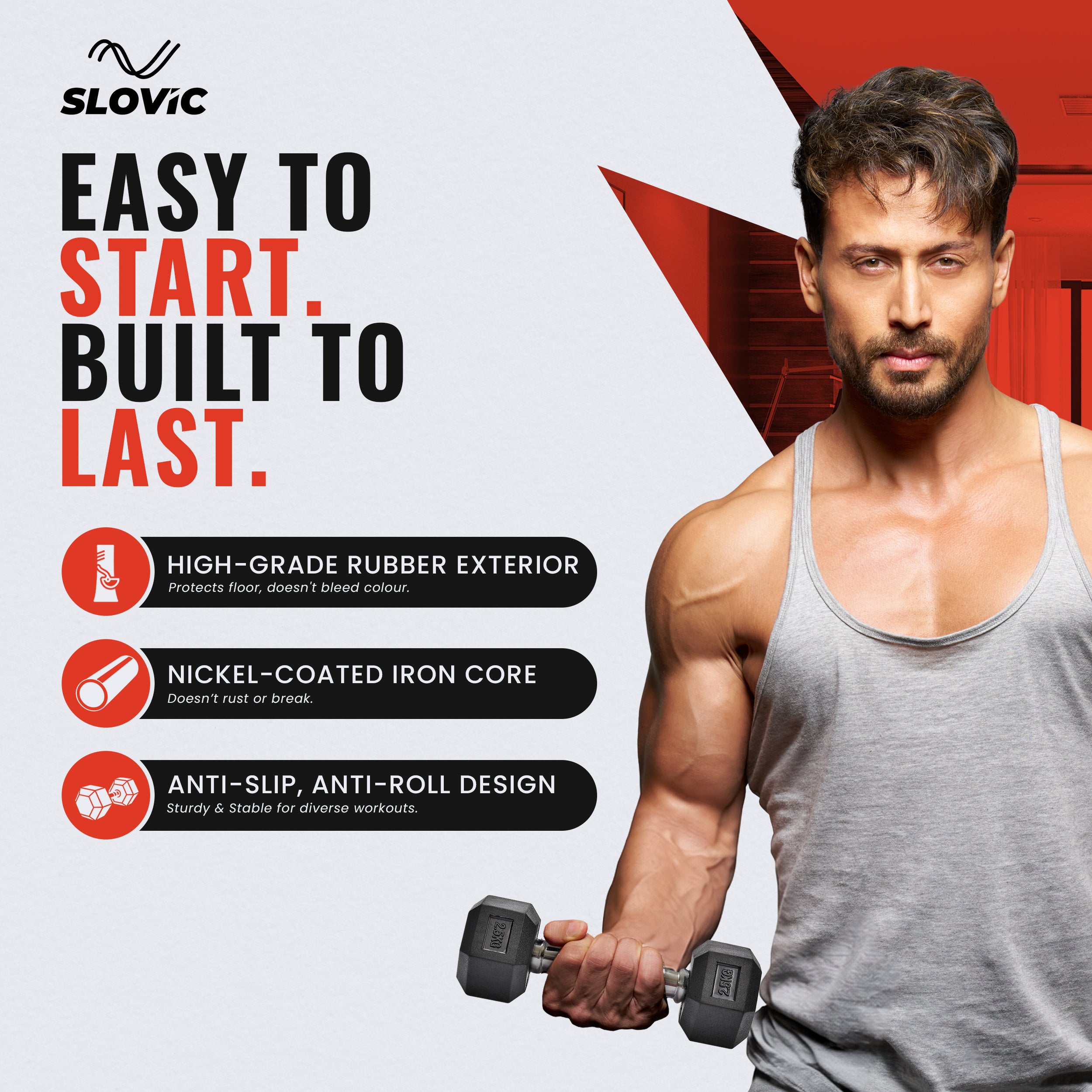 2.5 kg Hexa Rubber Dumbbells (Pair) | Anti-Slip Grip