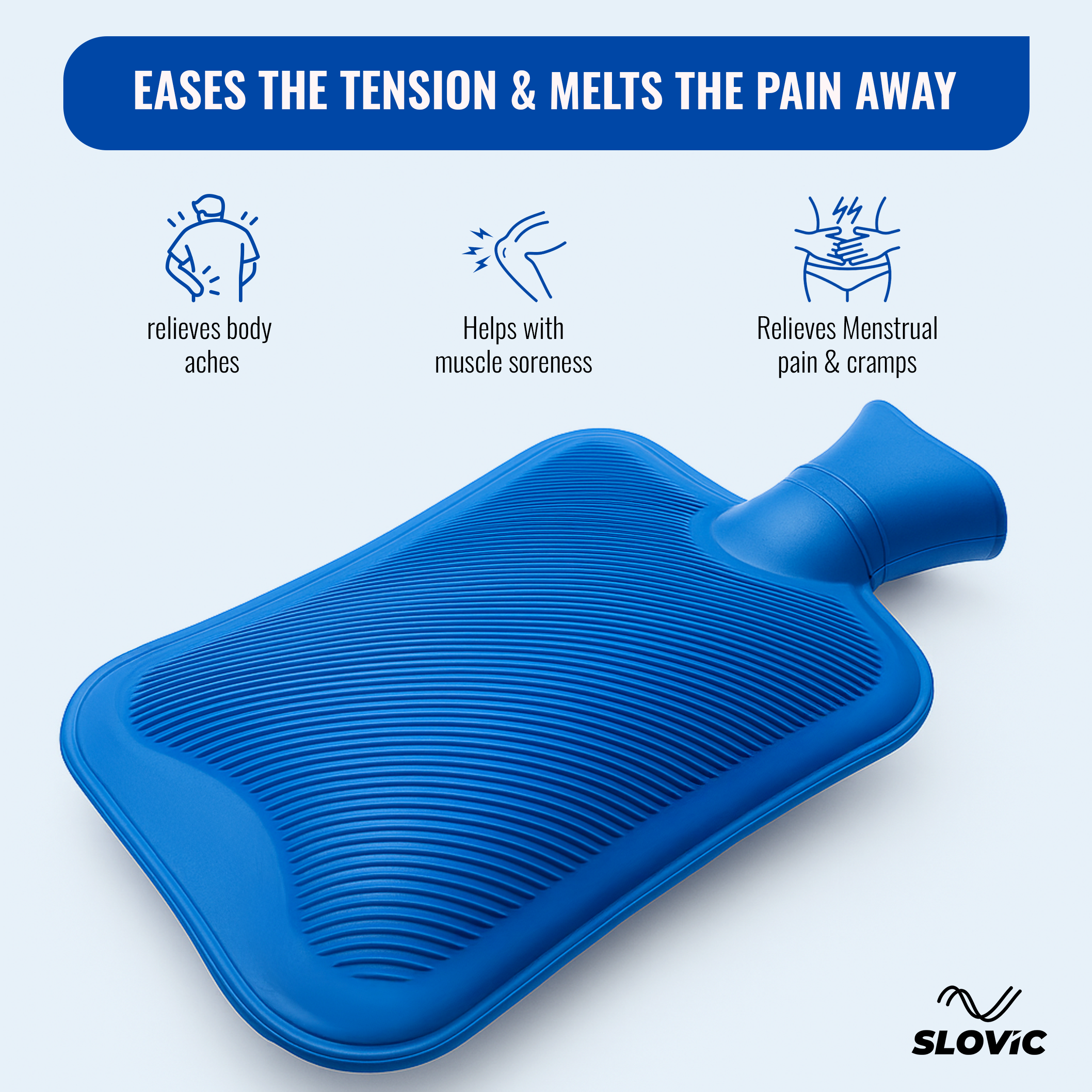 2L Blue Hot Water Bottle Bag – Pain Relief for Back, Cramps & Stomach