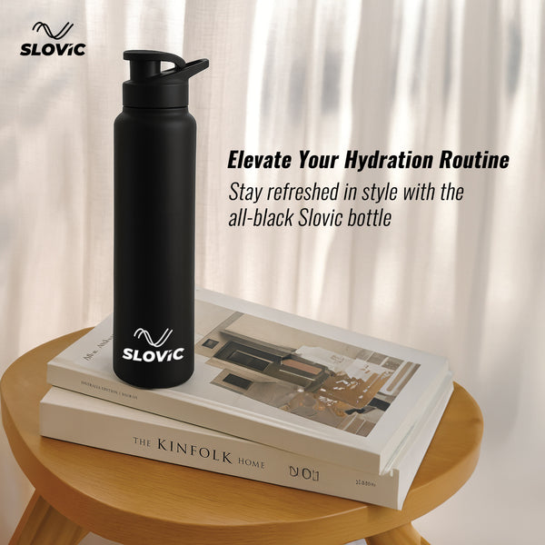 SLOVIC Steel Water Bottle 1 Ltr | Fridge Water Bottle with Sipper Cap | 100% BPA Free & leak-Proof | Sipper Bottles for Adults | Ideal for School, Gym, Office, Travel | Black