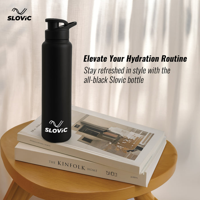 SLOVIC Steel Water Bottle 1 Ltr | Fridge Water Bottle with Sipper Cap | 100% BPA Free & leak-Proof | Sipper Bottles for Adults | Ideal for School, Gym, Office, Travel | Black