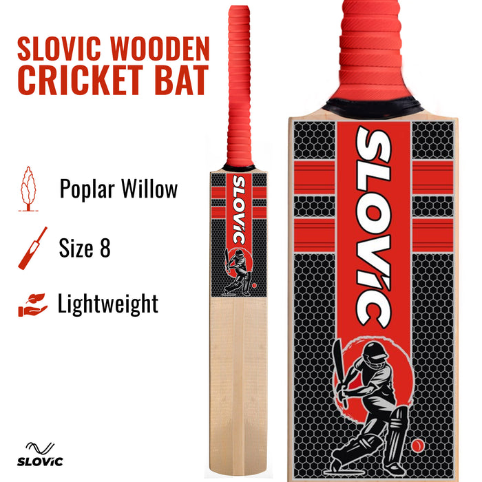 Slovic Size 8 Full Size Wooden Poplar Willow Tennis Cricket Bat for Indoor & Outdoor Games | Lightweight & Full Size Bat