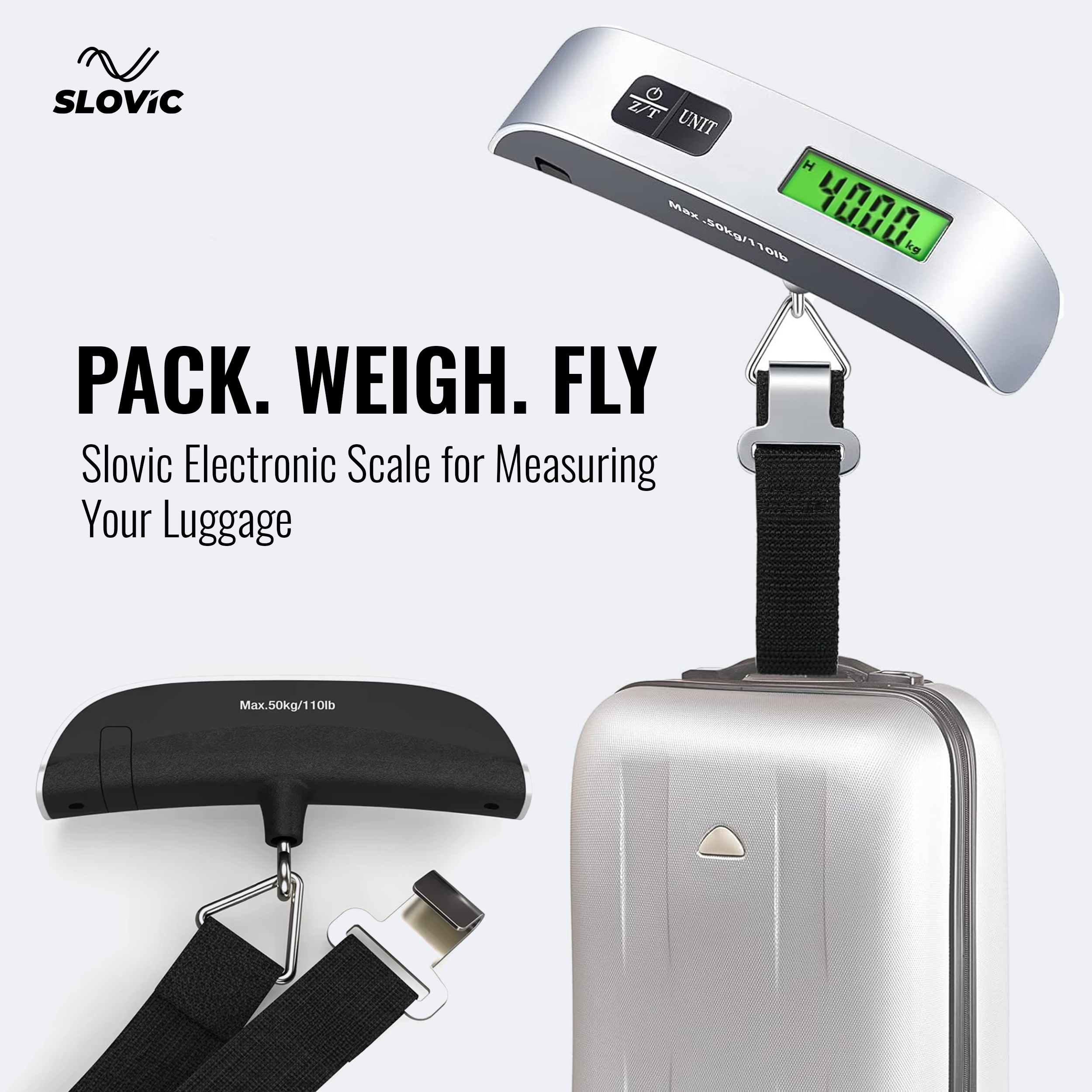 50kg Digital Luggage Scale with LCD Indicator – Black & Silver, Travel Friendly