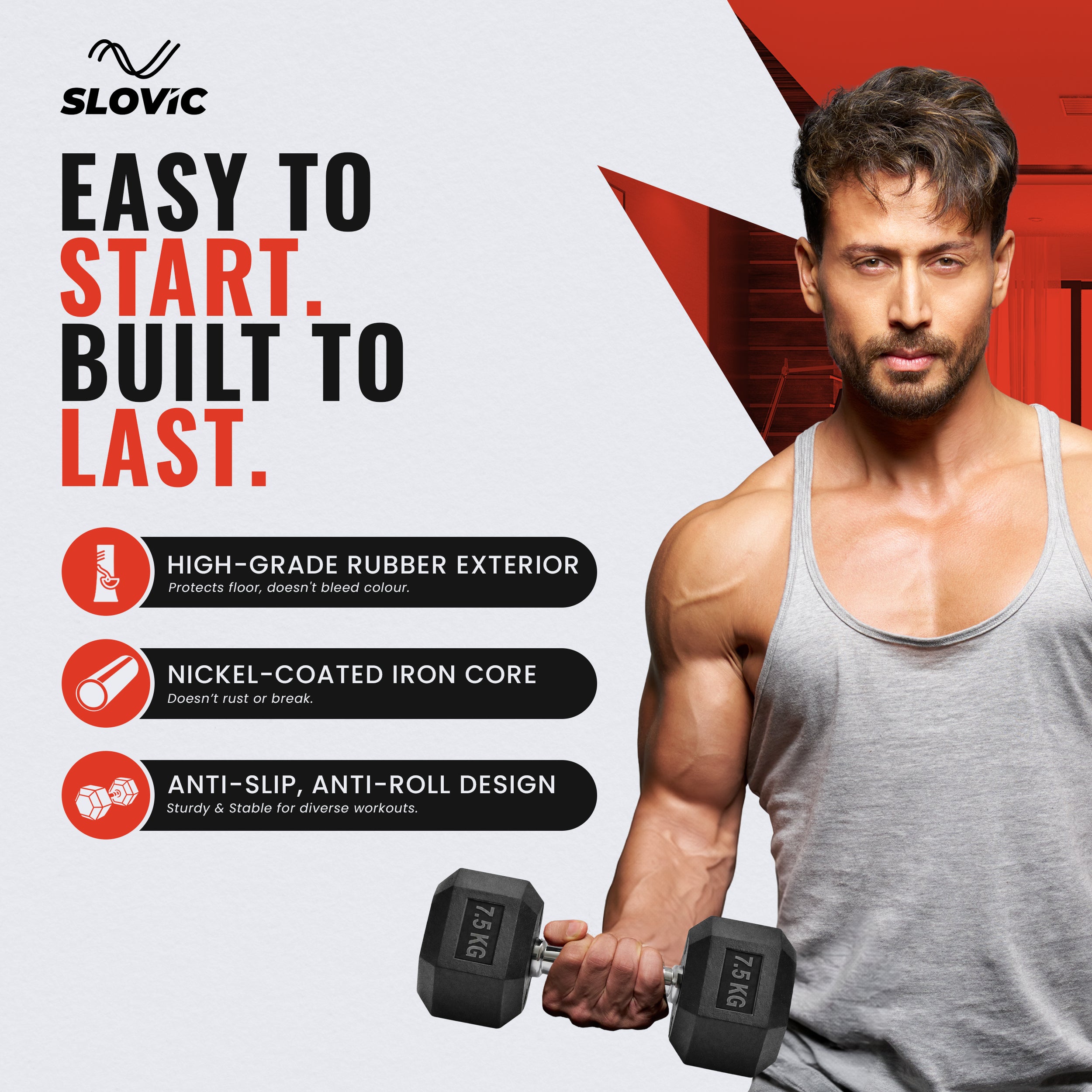 7.5 kg Hexa Rubber Dumbbells (Pair) | Anti-Slip Grip