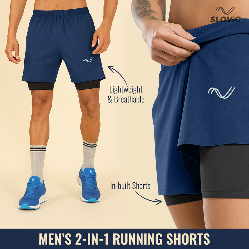 Men’s 2-in-1 Running & Gym Shorts - Double Layer Design - Lightweight & Breathable - Size-XL