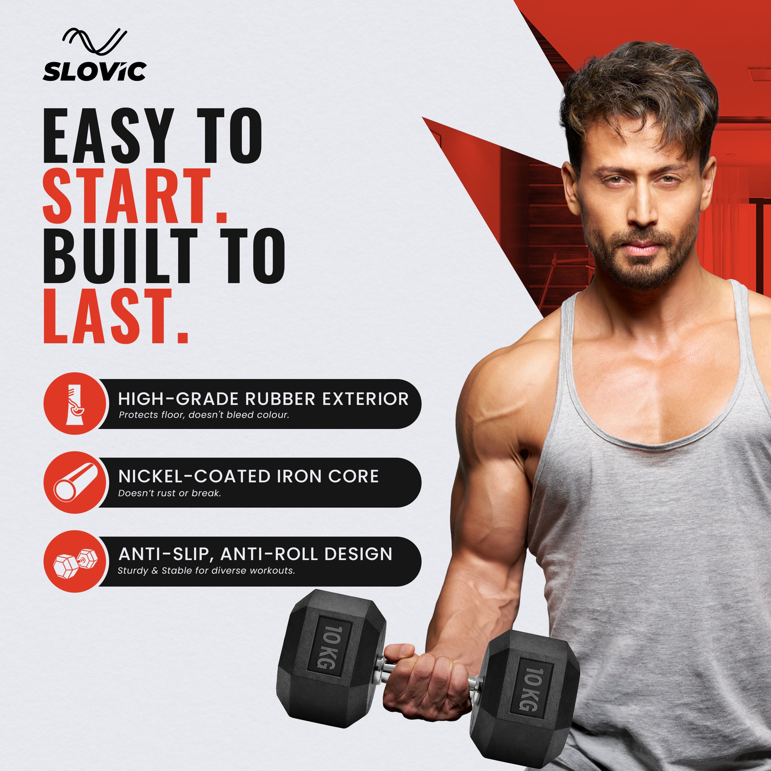 10 kg Hexa Rubber Dumbbells (Pair) | Anti-Slip Grip