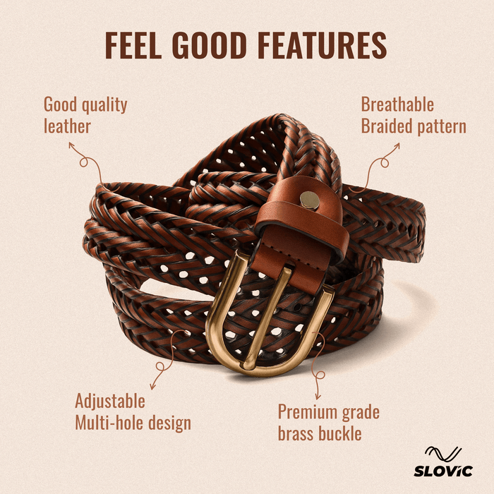 Slovic Braided Belt with Adjustable Multi- hole Designs for Men & Women - Tan