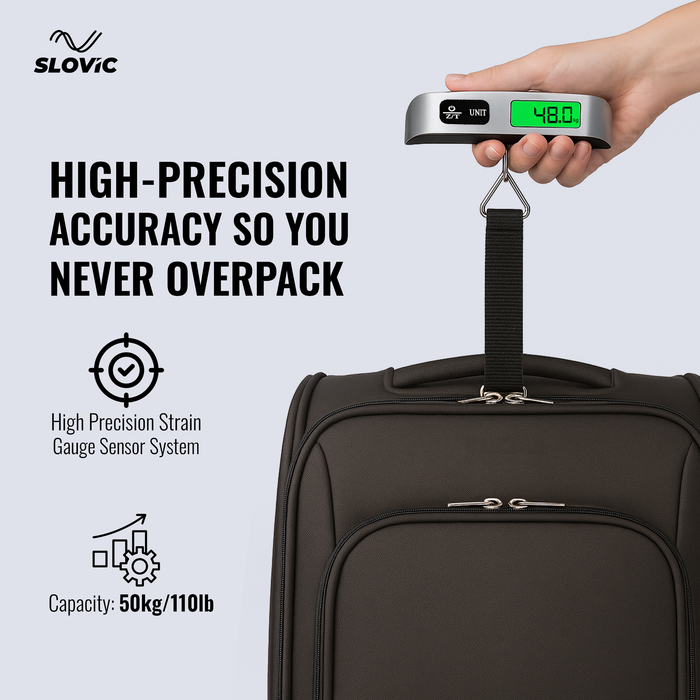 Slovic 50kg Digital Luggage Scale with LCD Indicator – Black & Silver, Travel Friendly
