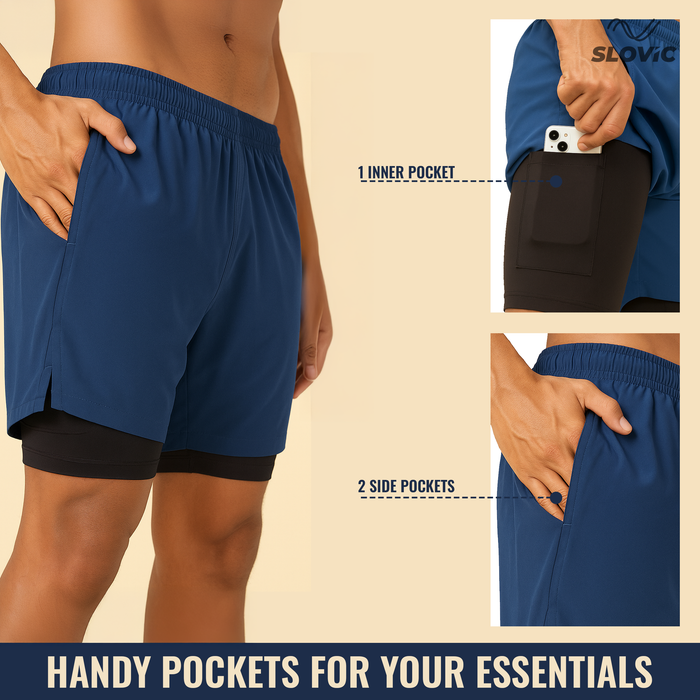SLOVIC 2 in 1 Double Layer Running Shorts- L