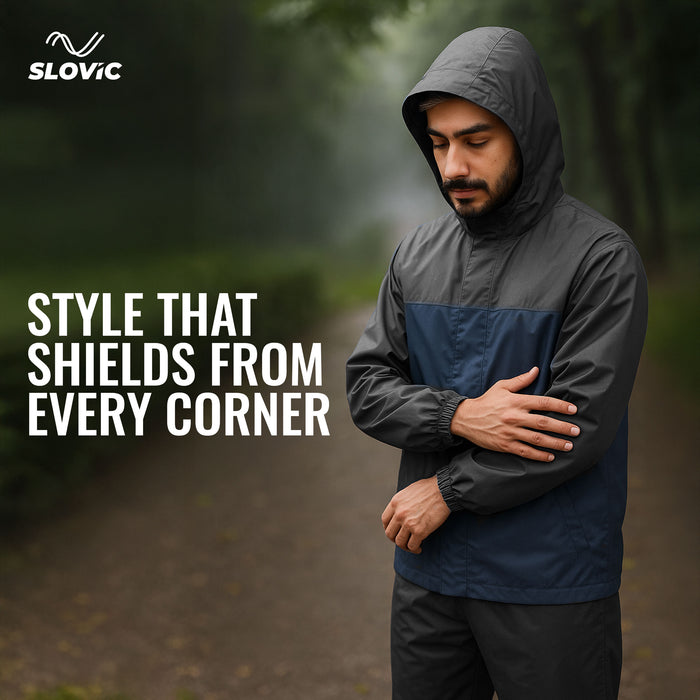 Sloivc Rain Coat for Men Waterproof | Rain Jacket for Men Waterproof | Durable & Lightweight Raincoat with Cap & Pant | Camping Accessories for Outdoor | Navy Blue