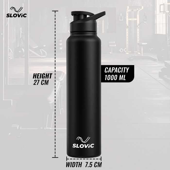 SLOVIC Steel Water Bottle 1 Ltr | Fridge Water Bottle with Sipper Cap | 100% BPA Free & leak-Proof | Sipper Bottles for Adults | Ideal for School, Gym, Office, Travel | Black