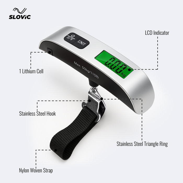 Slovic 50kg Digital Luggage Scale with LCD Indicator – Black & Silver, Travel Friendly