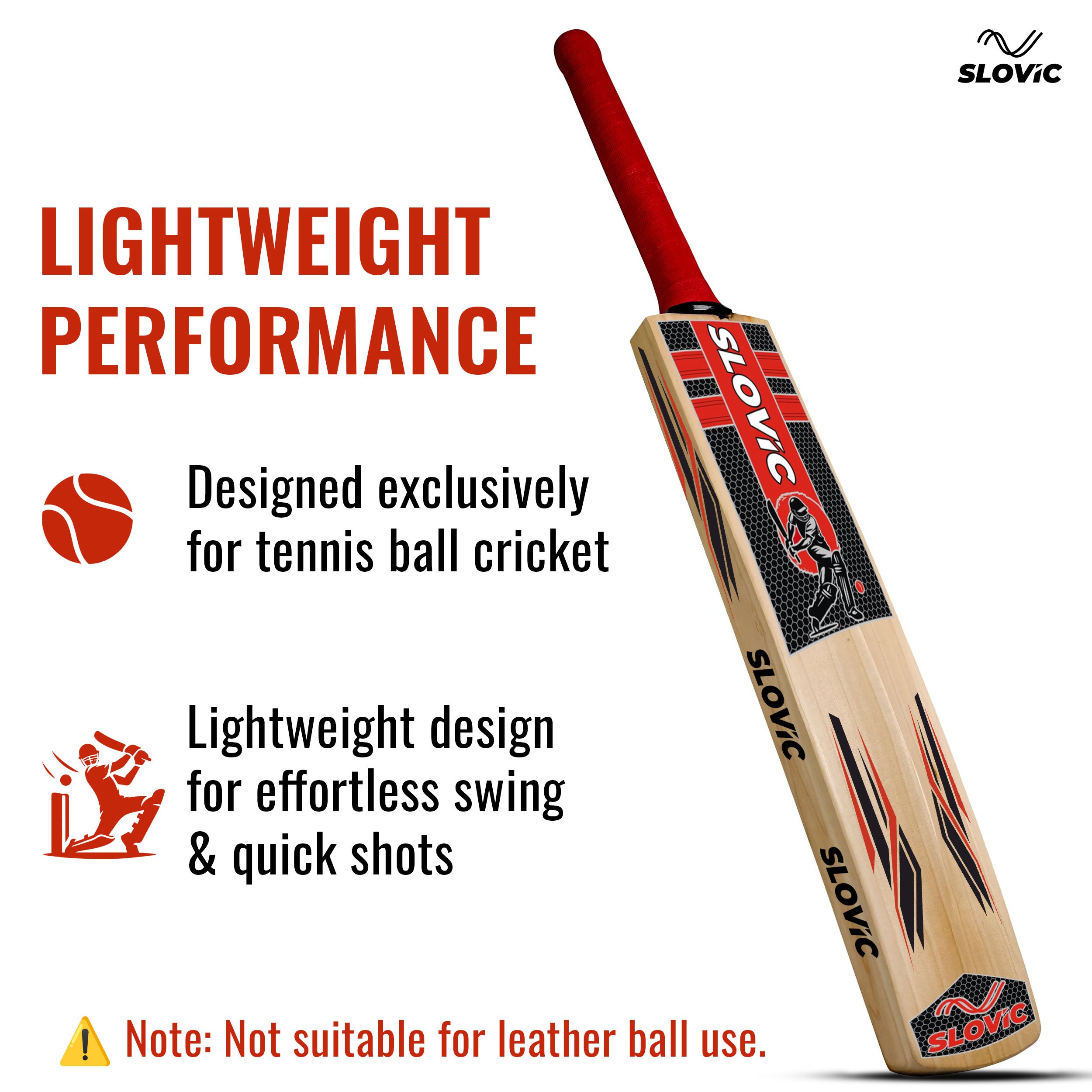 Slovic Size 8 Full Size Wooden Poplar Willow Tennis Cricket Bat for Indoor & Outdoor Games | Lightweight & Full Size Bat
