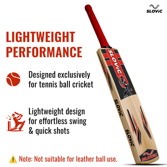Slovic Size 8 Full Size Wooden Poplar Willow Tennis Cricket Bat for Indoor & Outdoor Games | Lightweight & Full Size Bat