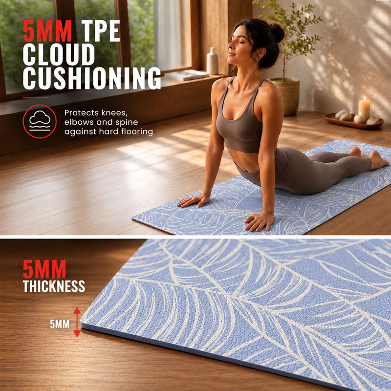 Yoga Mat 5mm - Leaf Printed Blue Exercise Mat