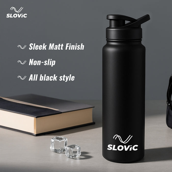 SLOVIC Steel Water Bottle 1 Ltr | Fridge Water Bottle with Sipper Cap | 100% BPA Free & leak-Proof | Sipper Bottles for Adults | Ideal for School, Gym, Office, Travel | Black
