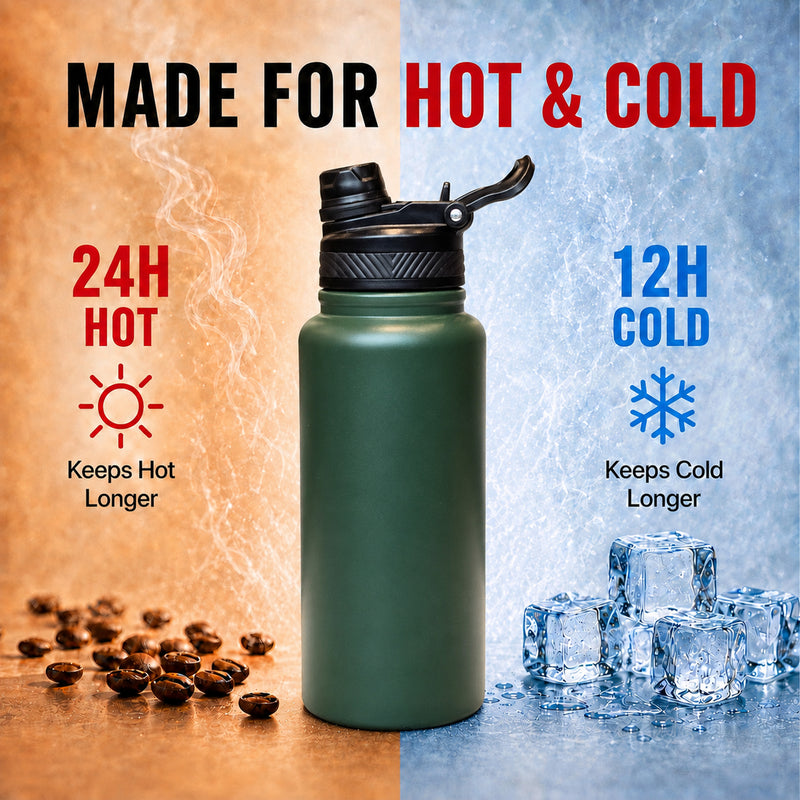 Insulated FreezeX Bottle 1L - Stainless Steel Water Bottle - Green - Gym, Sports & Travel