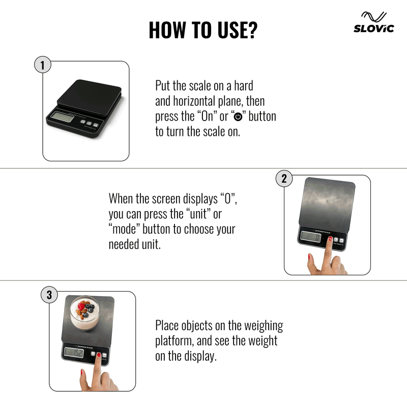 Instructions on how to use a digital scale with Slovic branding.