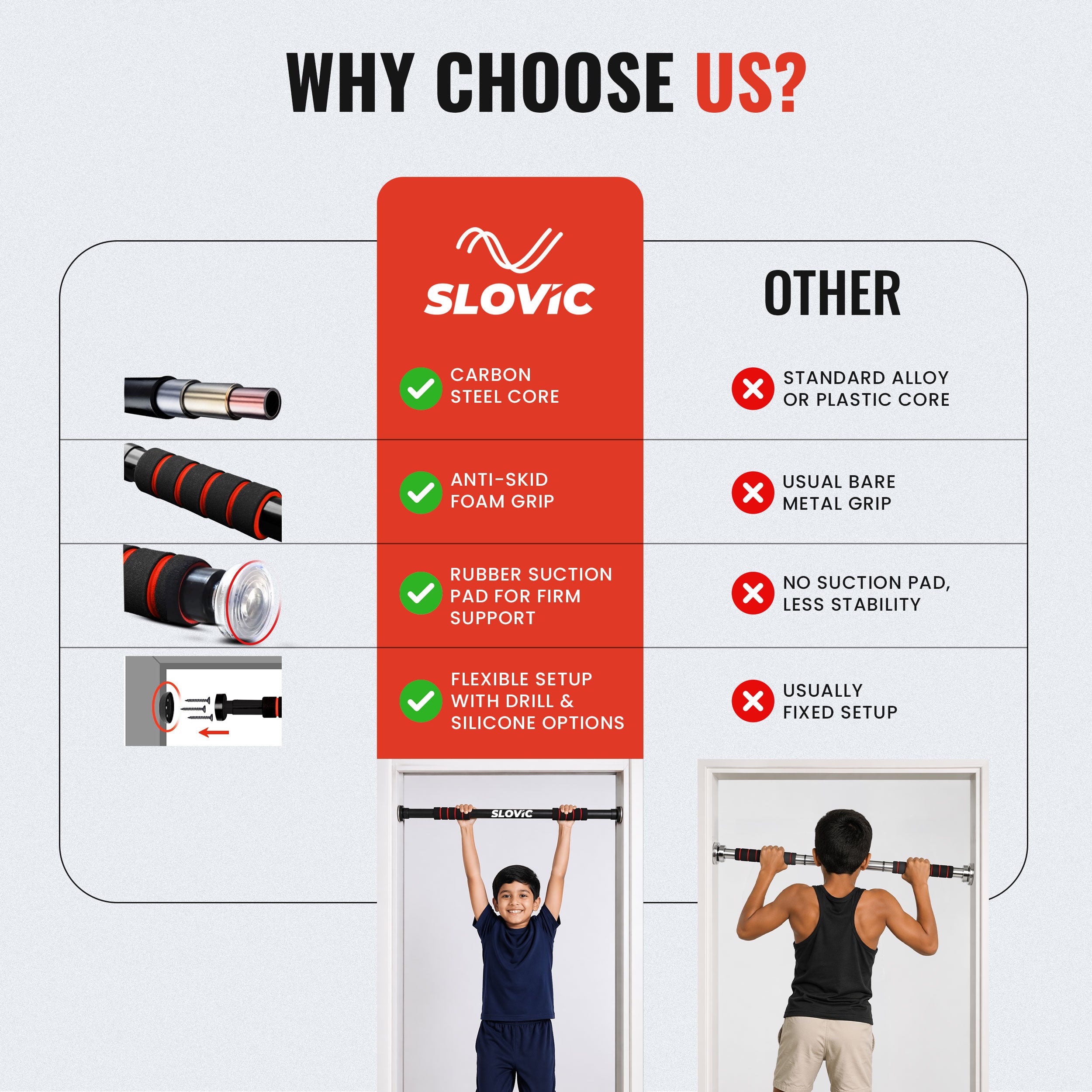 100 Kg Adjustable No Screw Pull Up Bar (62-100 cm) | Black-Red