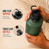 Insulated FreezeX Bottle 1L - Stainless Steel Water Bottle - Green - Gym, Sports & Travel