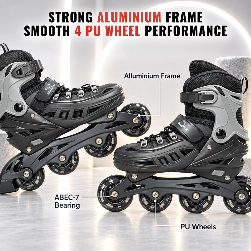 Inline Skating Shoes for Kids - 4 Wheel Roller Skates with RGB - Light Aluminium Frame & ABEC Bearings - Indoor & Outdoor Skates