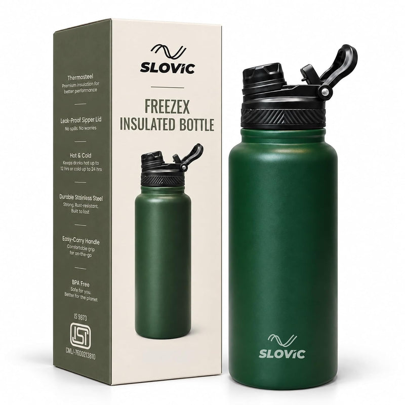 Insulated FreezeX Bottle 1L - Stainless Steel Water Bottle - Green - Gym, Sports & Travel