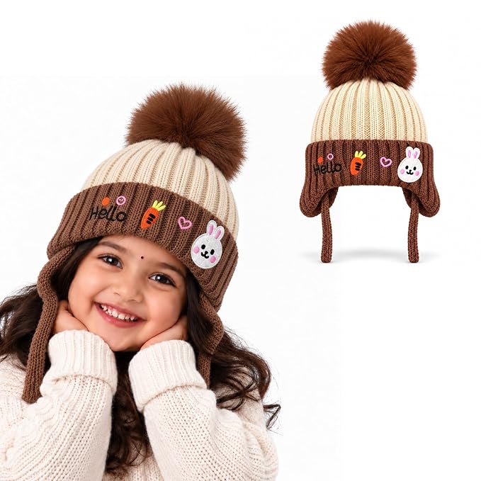 CozyCub Brown Bunny Winter Cap for Kids