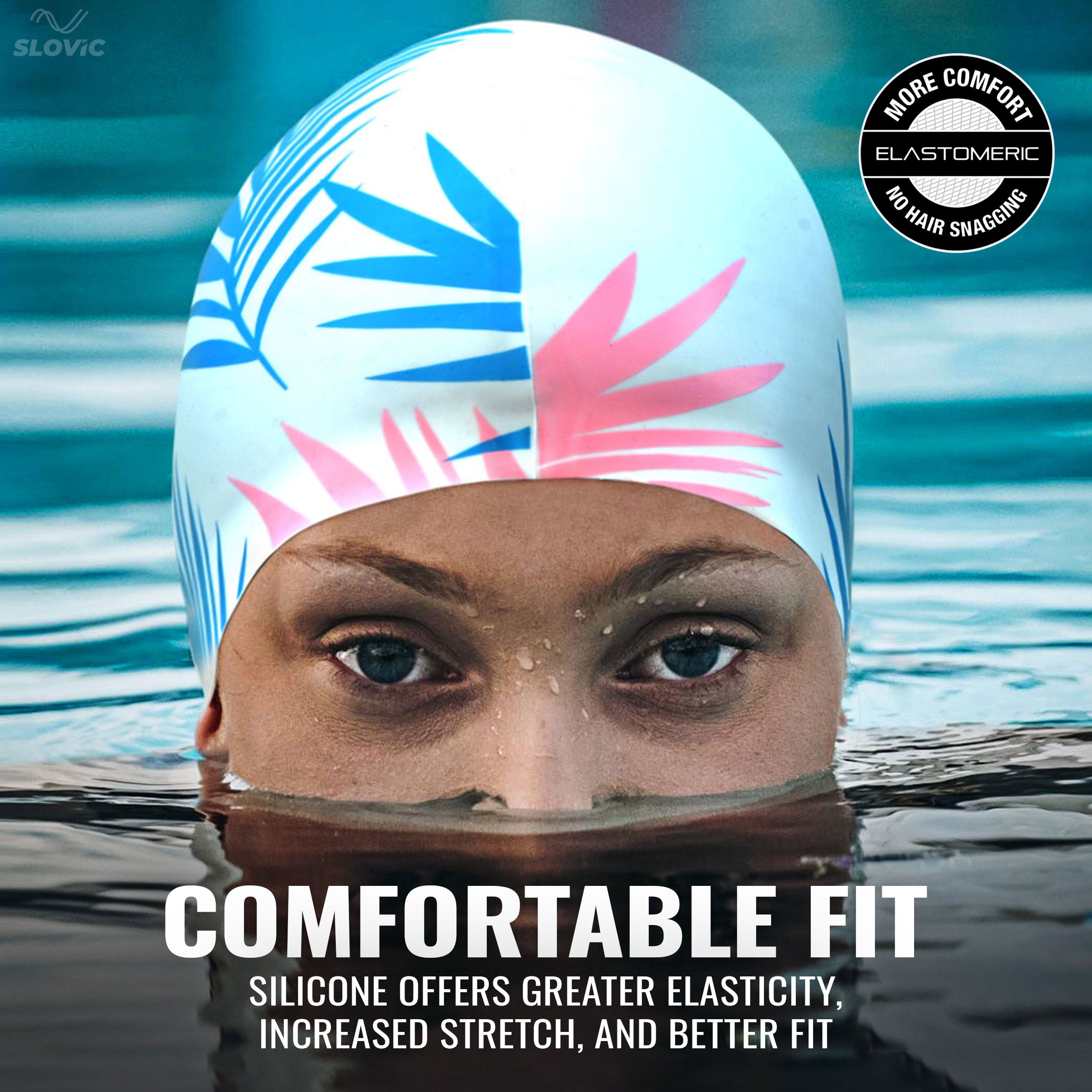 Swimming Cap (Silicone)– White Leaf Pattern, Anti‑Skid, Tear‑Resistant, Free Size (Adult, Unisex)