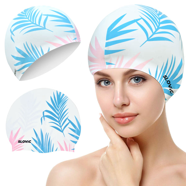 Swimming Cap (Silicone)– White Leaf Pattern, Anti‑Skid, Tear‑Resistant, Free Size (Adult, Unisex)