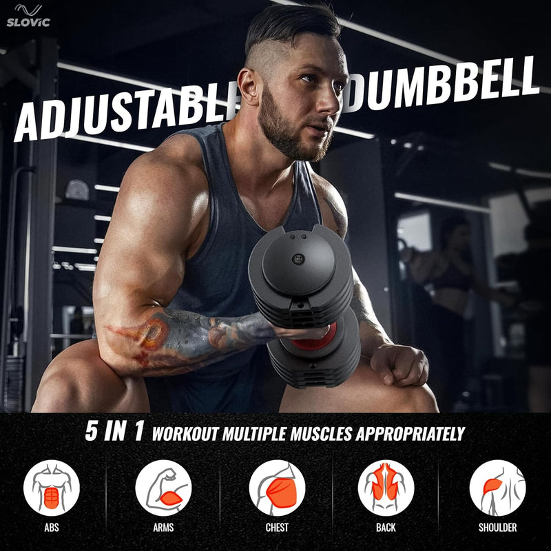 Man lifting an adjustable dumbbell with gym equipment in the background